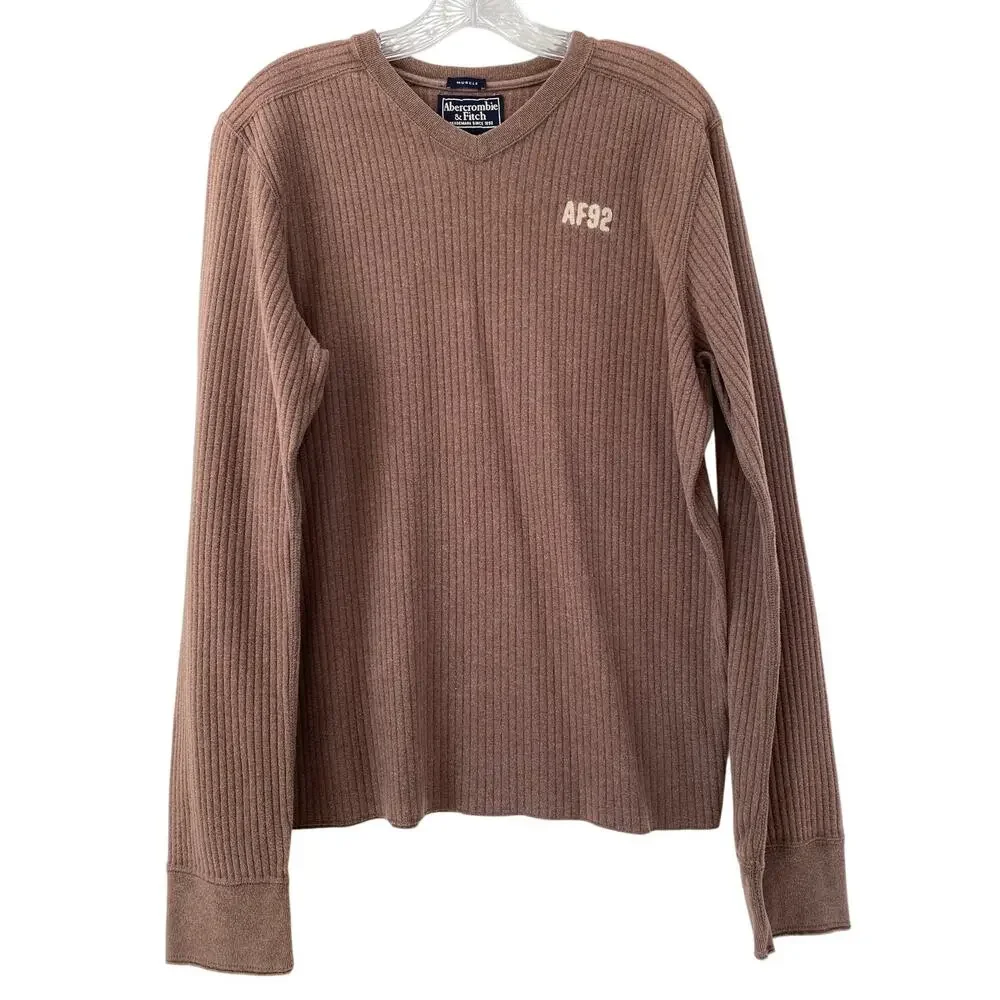Abercrombie & Fitch Ribbed Muscle V Neck Long Sleeve Top Mens L Commando Neutral
